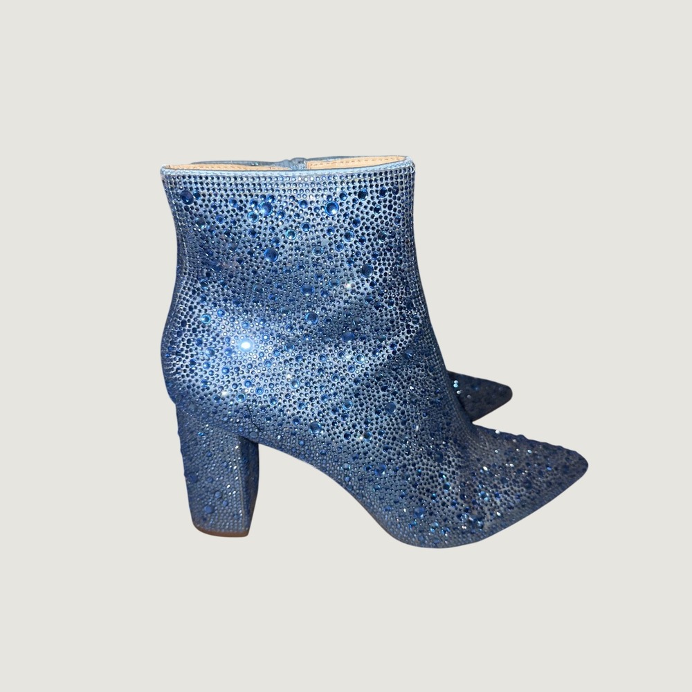 Betsey Johnson Cady Rhinestone Blue Ankle Boots Block Heel Pointed Toe Size 8